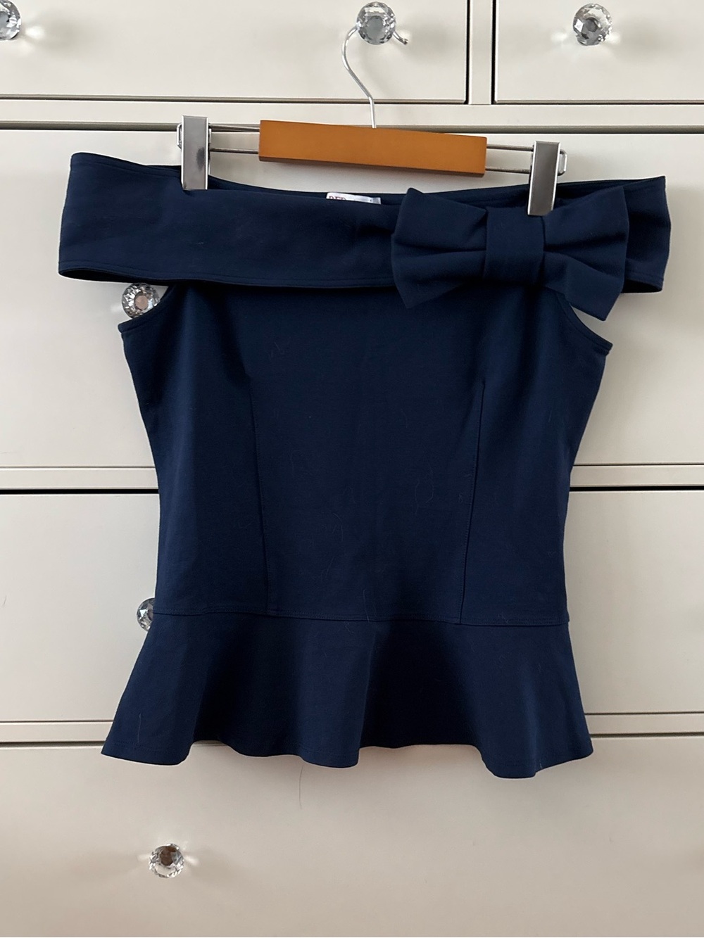 VALENTINO RED Navy Off-Shoulder Peplum Top with Bow